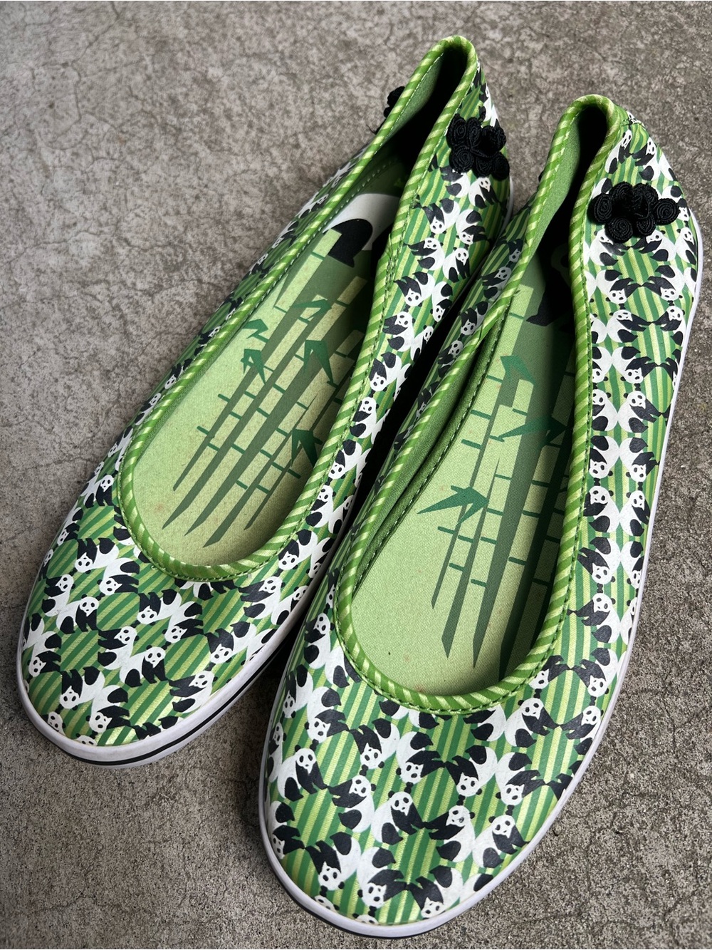 Keds Green Panda Print Ballet Flats with Black Rosette